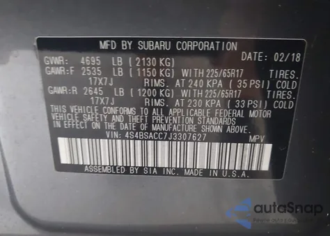 2018 Subaru Outback 2.5I Premium from USA, damaged, VIN 4S4BSACC7J3307627